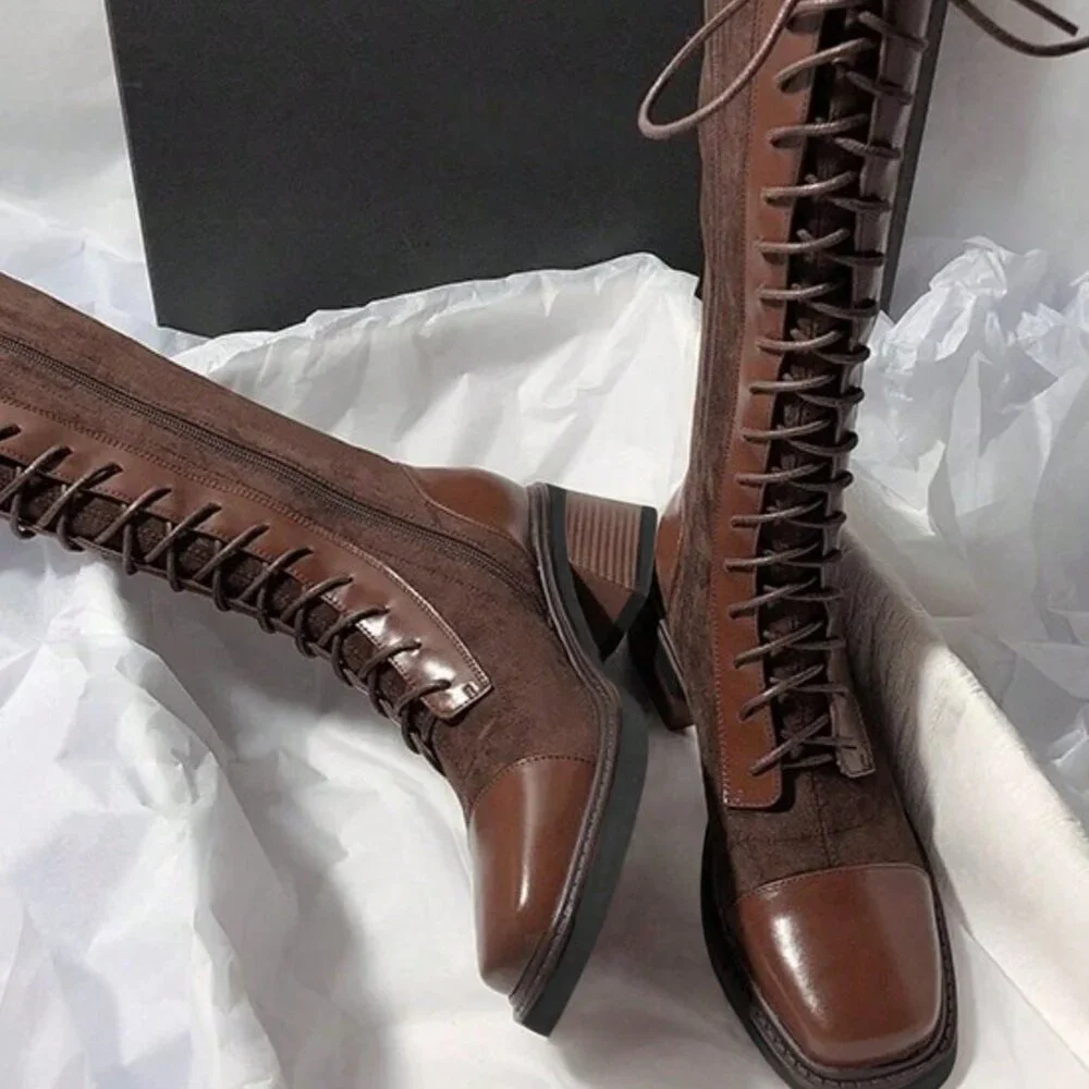 Brown Elegant Women's Thigh High Lace-Up Square Toe Chunky Heel Boots - Picture 2 of 4